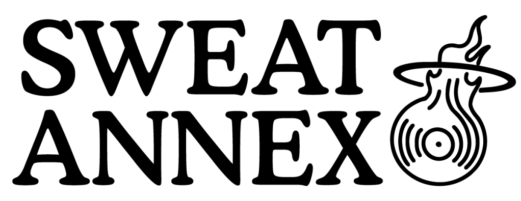 sweat annex text with line drawing of vinyl record on fire